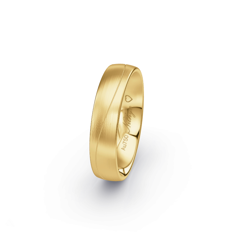 Hochwertige Trauringe aus Gelbgold 750 / Gelbgold 750. Die Oberfläche ist Längsmatt.
            Der Damenring hat einen Steinbesatz von 0 .