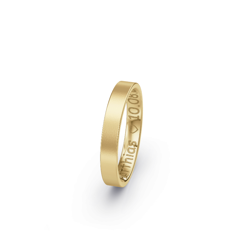 Hochwertige Trauringe aus Gelbgold 333. Die Oberfläche ist Sandmatt.
            Der Damenring hat einen Steinbesatz von 0 .