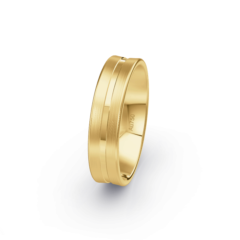 Hochwertige Trauringe aus Gelbgold 750. Die Oberfläche ist Längsmatt.
            Der Damenring hat einen Steinbesatz von 0 .