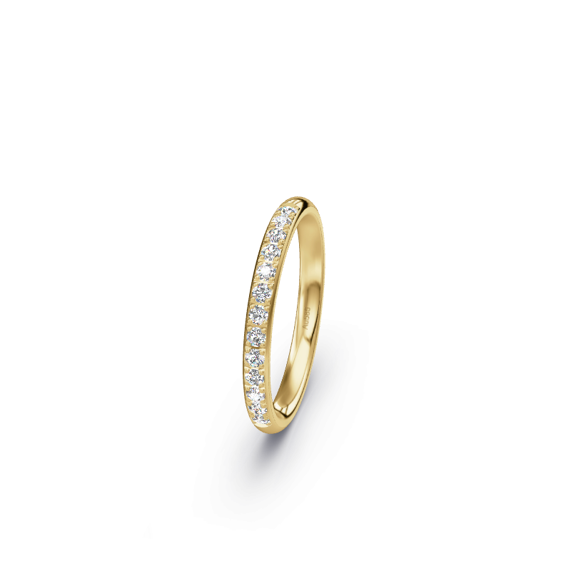 Hochwertige Trauringe aus Gelbgold 585. Die Oberfläche ist Poliert.
            Der Damenring hat einen Steinbesatz von 0.195 Brillianten.