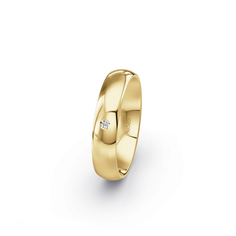 Hochwertige Trauringe aus Gelbgold 585. Die Oberfläche ist Poliert.
            Der Damenring hat einen Steinbesatz von 0.015 Brillianten.