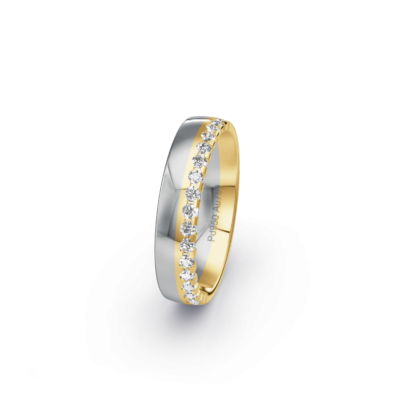 Hochwertige Trauringe aus Palladium 950 / Gelbgold 750. Die Oberfläche ist Poliert.
            Der Damenring hat einen Steinbesatz von 0.34 Brillianten.