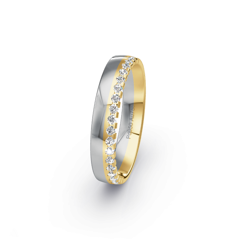 Hochwertige Trauringe aus Palladium 950 / Gelbgold 750. Die Oberfläche ist Poliert.
            Der Damenring hat einen Steinbesatz von 0.38 Brillianten.