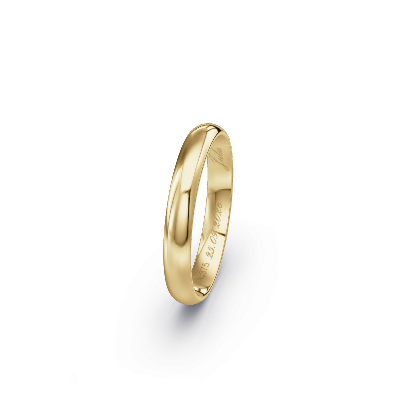 Hochwertige Trauringe aus Gelbgold 375. Die Oberfläche ist Poliert.
            Der Damenring hat einen Steinbesatz von 0 .