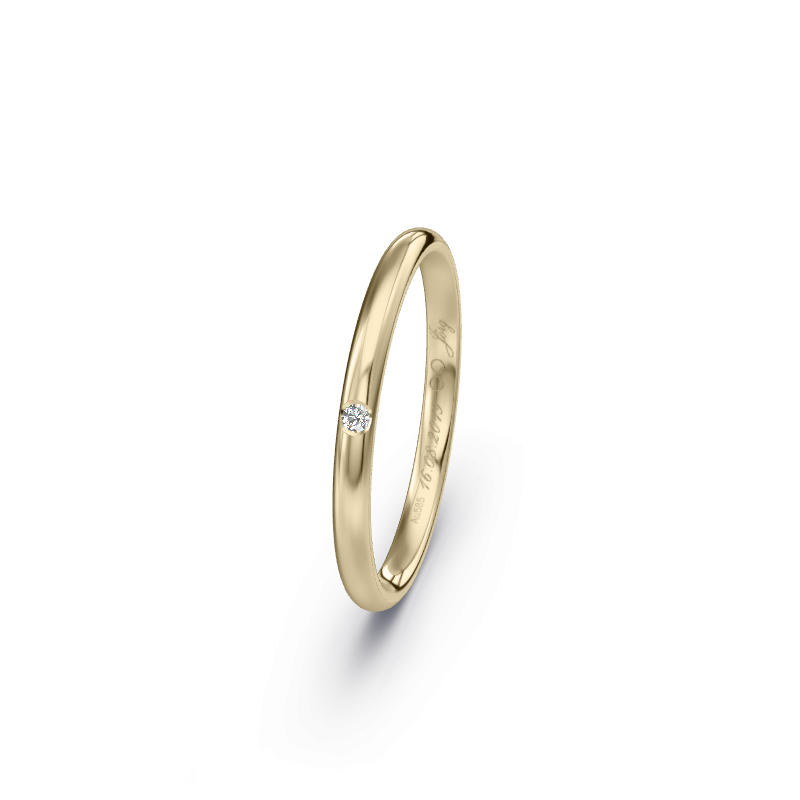 Hochwertige Trauringe aus Champagnergold 585. Die Oberfläche ist Poliert.
            Der Damenring hat einen Steinbesatz von 0.015 Brillianten.